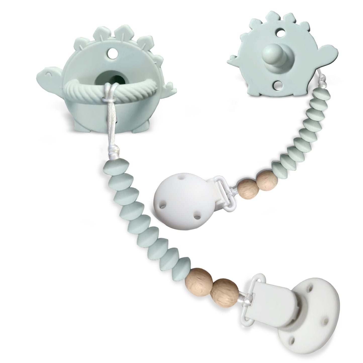 Silicone Dinosaur Pacifier with Wood and Silicone Bead Pacifier Clip