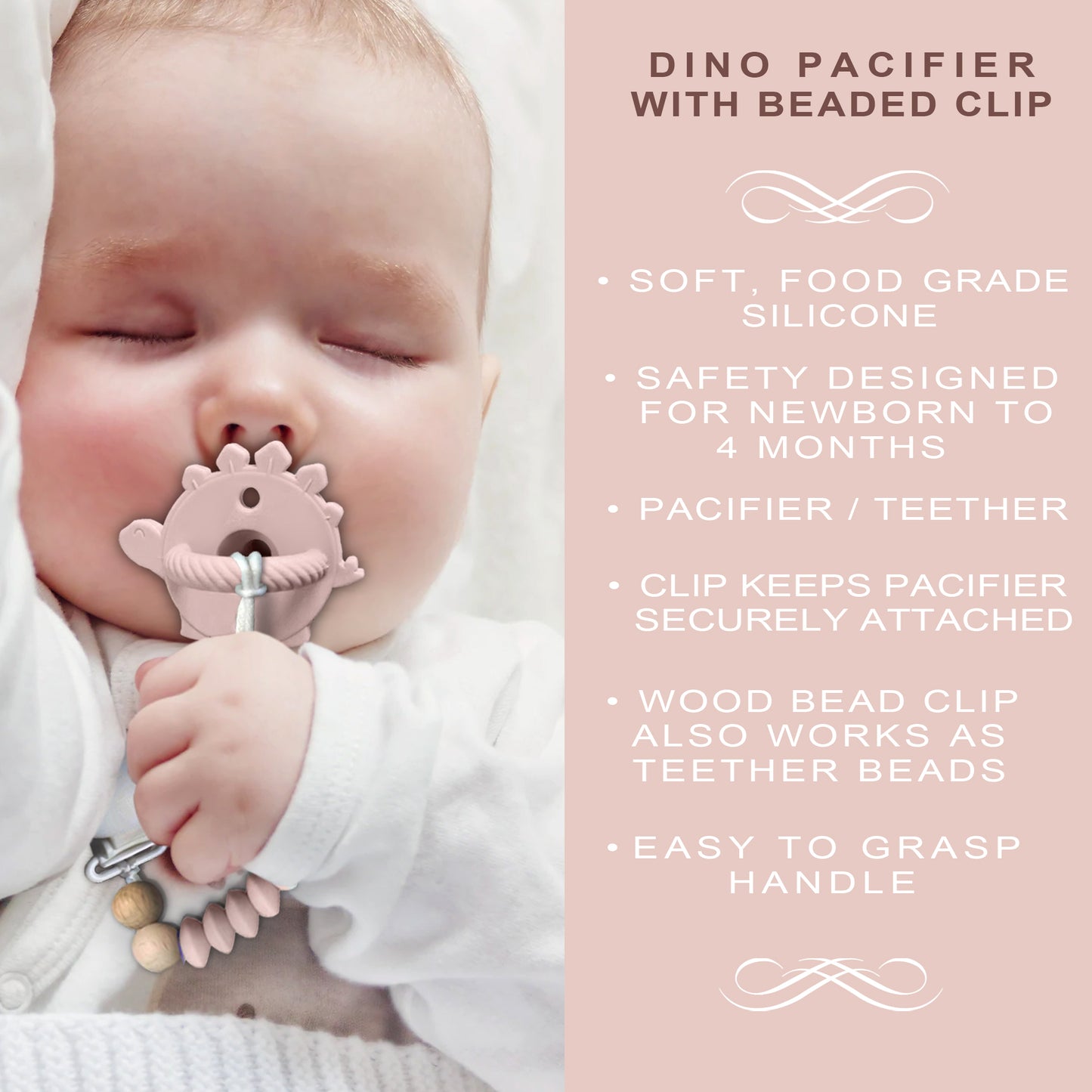 Silicone Dinosaur Pacifier with Wood and Silicone Bead Pacifier Clip