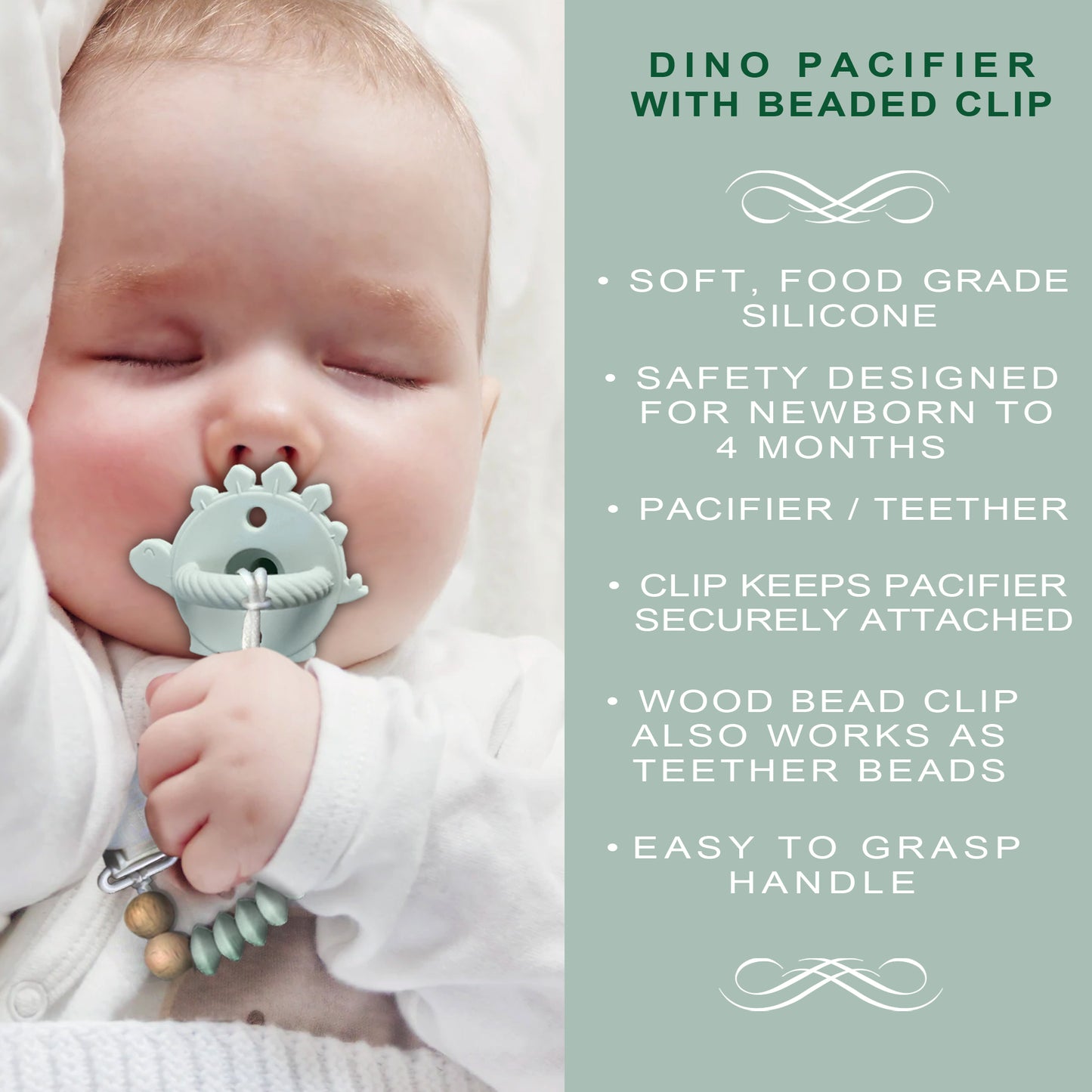 Silicone Dinosaur Pacifier with Wood and Silicone Bead Pacifier Clip