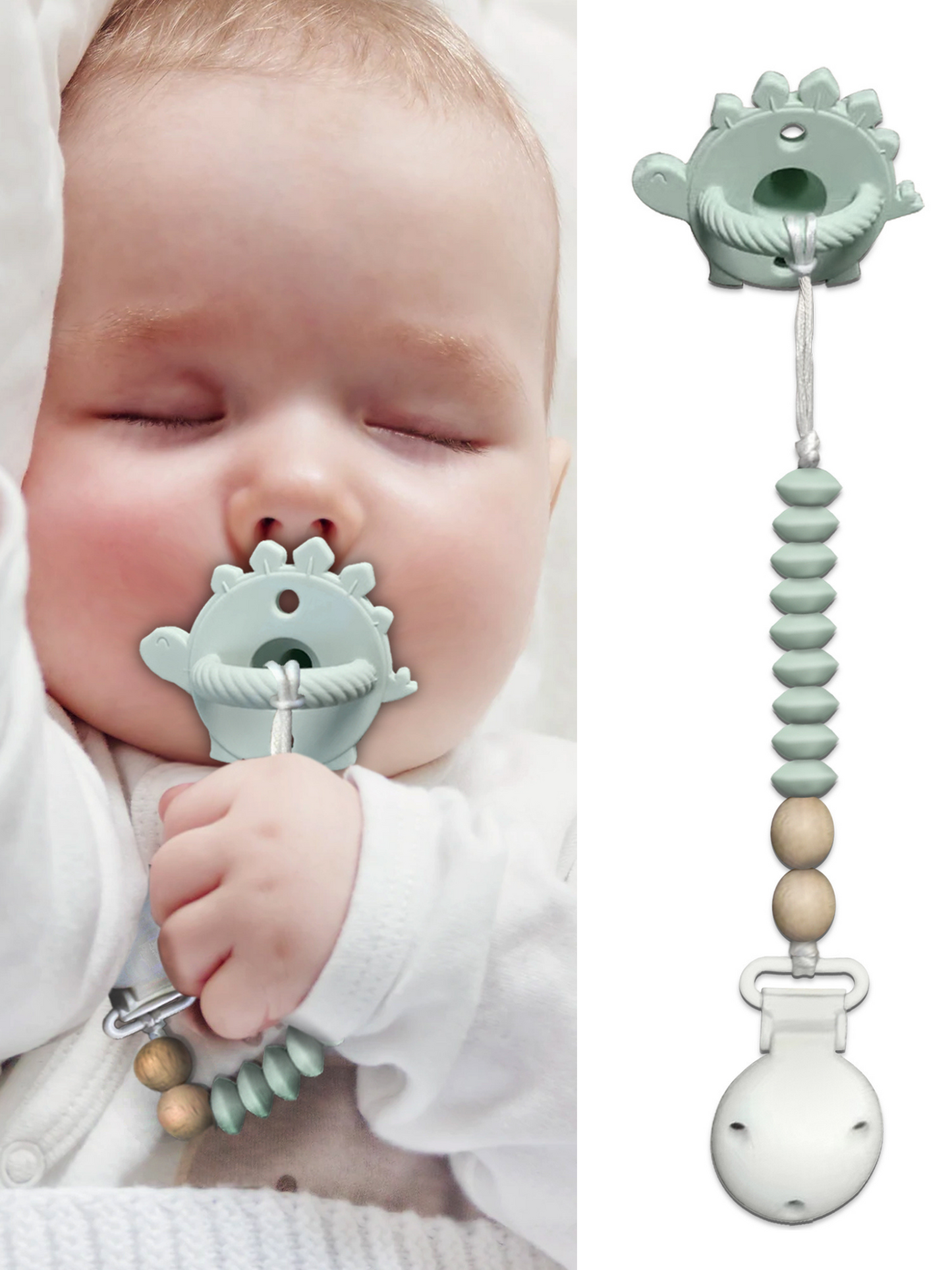 Silicone Dinosaur Pacifier with Wood and Silicone Bead Pacifier Clip