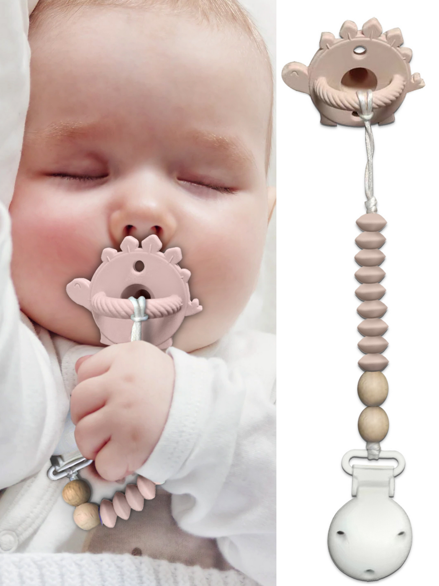 Silicone Dinosaur Pacifier with Wood and Silicone Bead Pacifier Clip